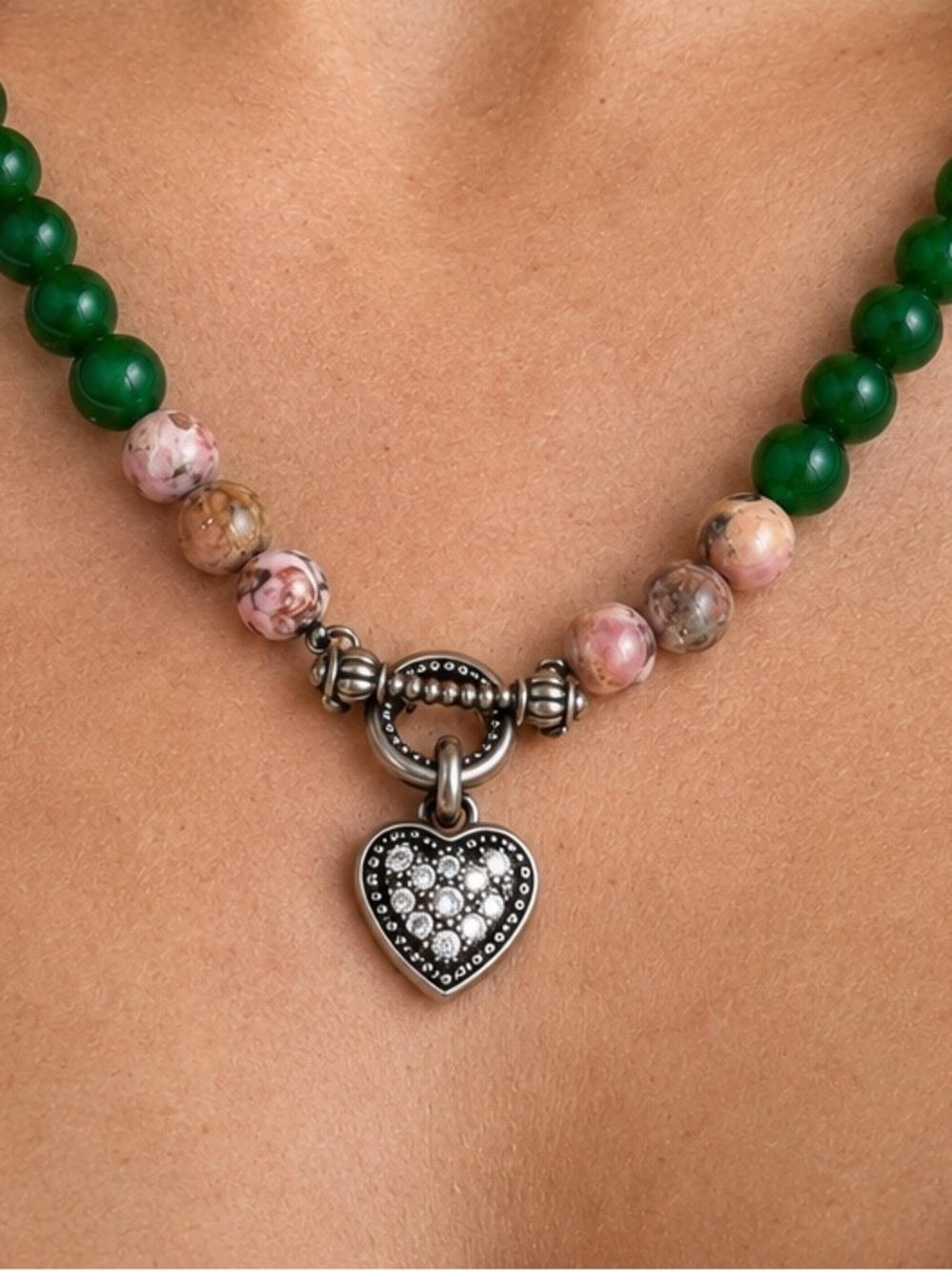 Handmade Gemstone Necklace Rhodonite Emerald and Moss Agate Aquamarine Carnelian - Picture 2 of 4